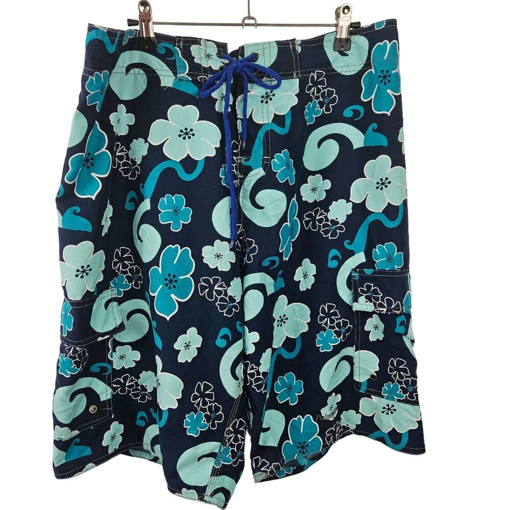 Mens Hawaiian Floral Swim Trunks Size 34 Pocket Drawstring Waist Cargo